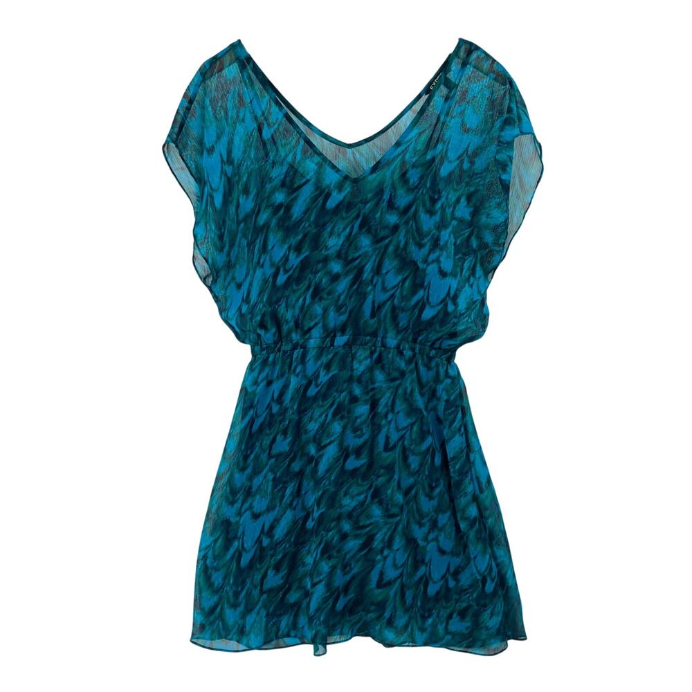 Express Womens M Teal Blue Abstract Print Chiffon V Neck Dress Elastic Waist